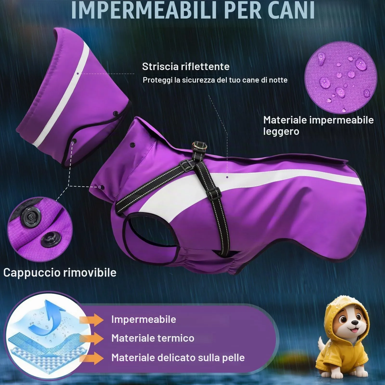 Oslueidy Impermeabile per Cani con Cappuccio Rimovibile e Cinghie Riflettenti, Violetta, XL - immagine 5