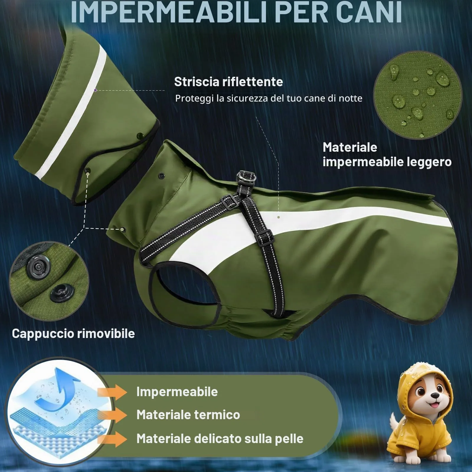 Oslueidy Impermeabile per Cani con Cappuccio Rimovibile, Verde, M - immagine 5