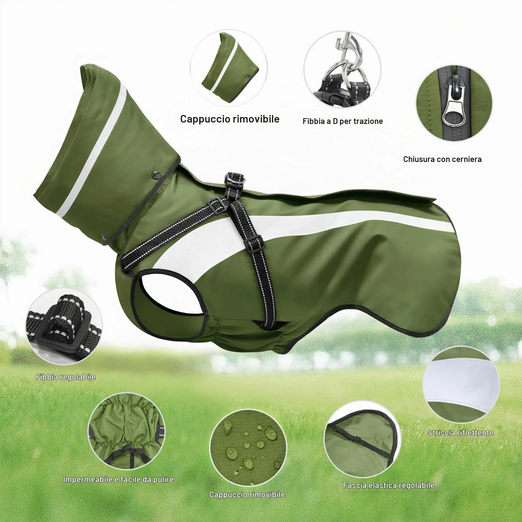 Oslueidy Impermeabile per Cani con Cappuccio Rimovibile, Verde, M - immagine 7
