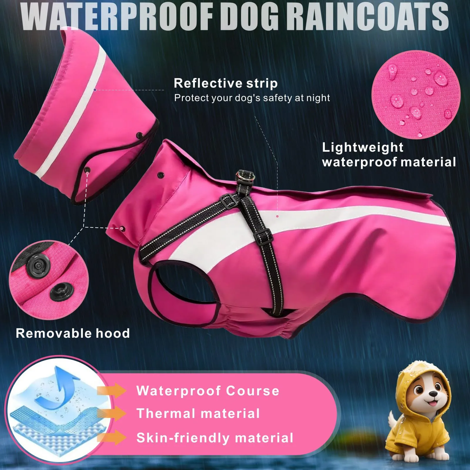 Oslueidy Impermeabile per Cani con Cappuccio Removibile, Rosa, S - immagine 3