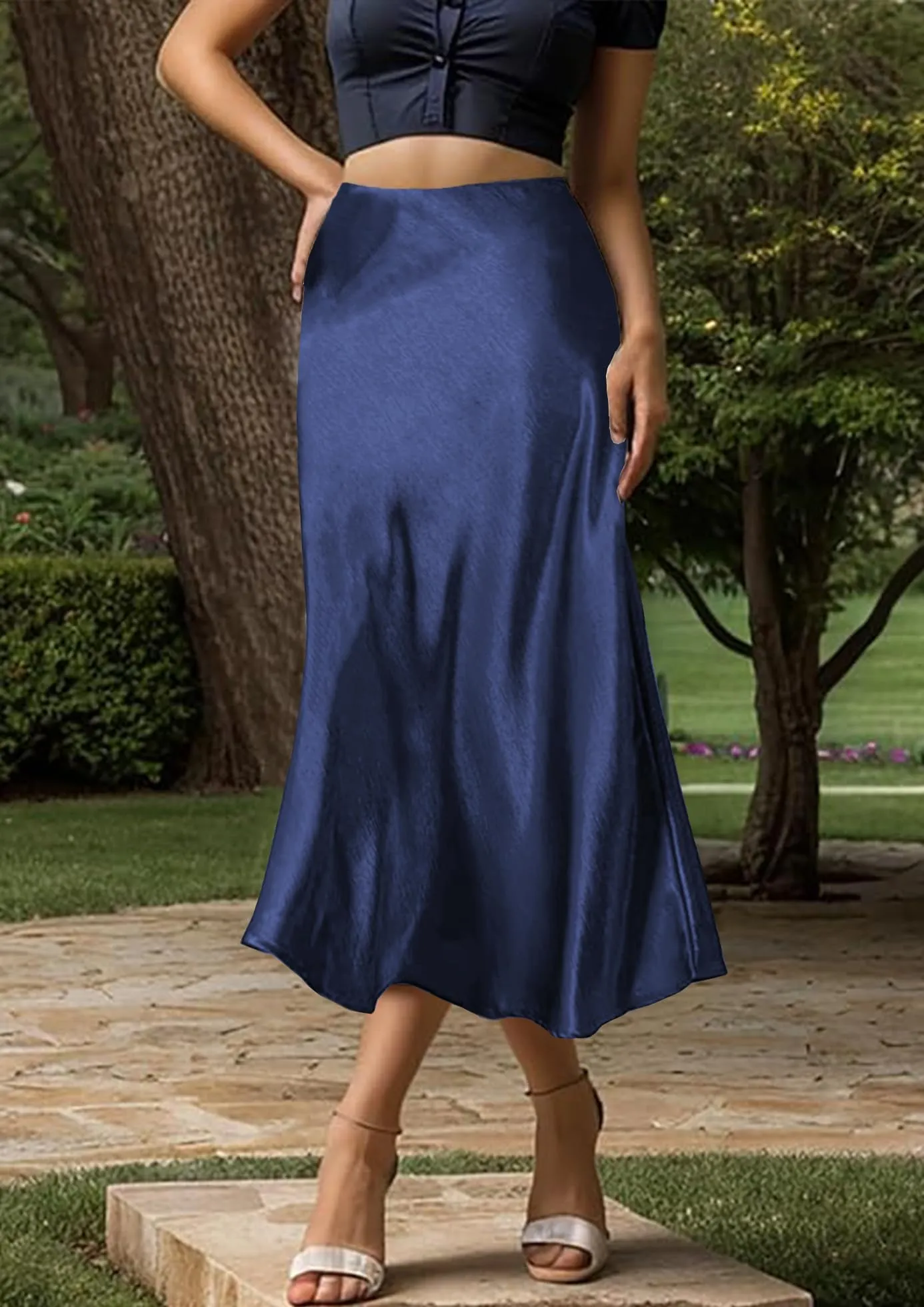 Vossmi Gonna Midi in Raso Plissée A-Linea Blu Navy, XL - immagine 3