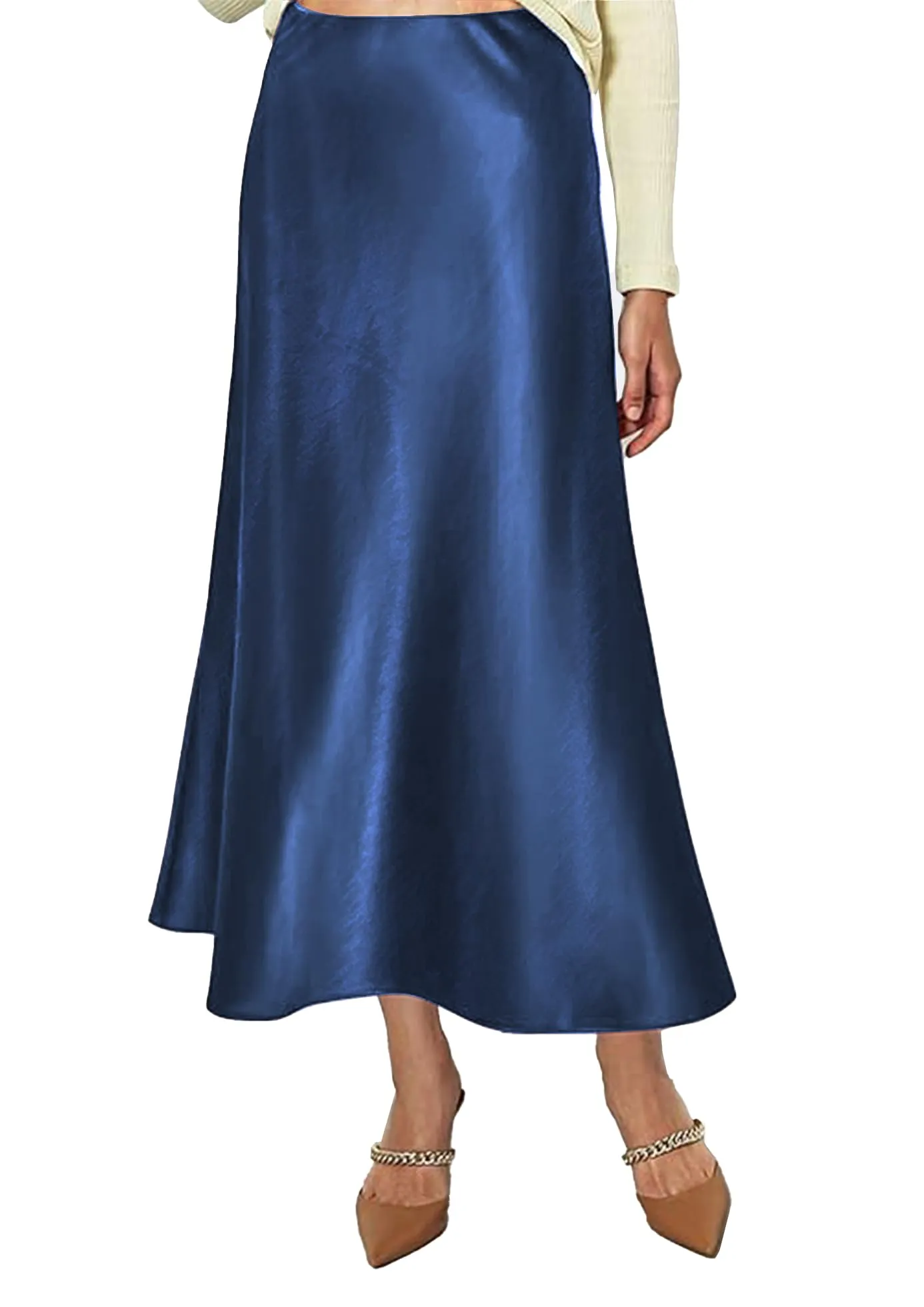 Vossmi Gonna Midi in Raso a Vita Alta A-Linea Blu Navy, L - immagine 1