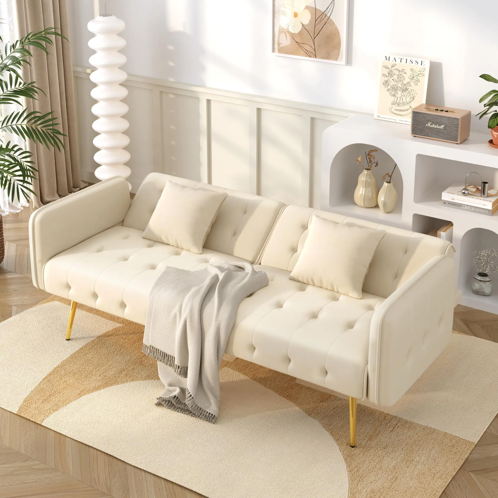 NADEUSAK Divano Letto 2 Posti in Velluto con Schienale Regolabile, Beige - immagine 1