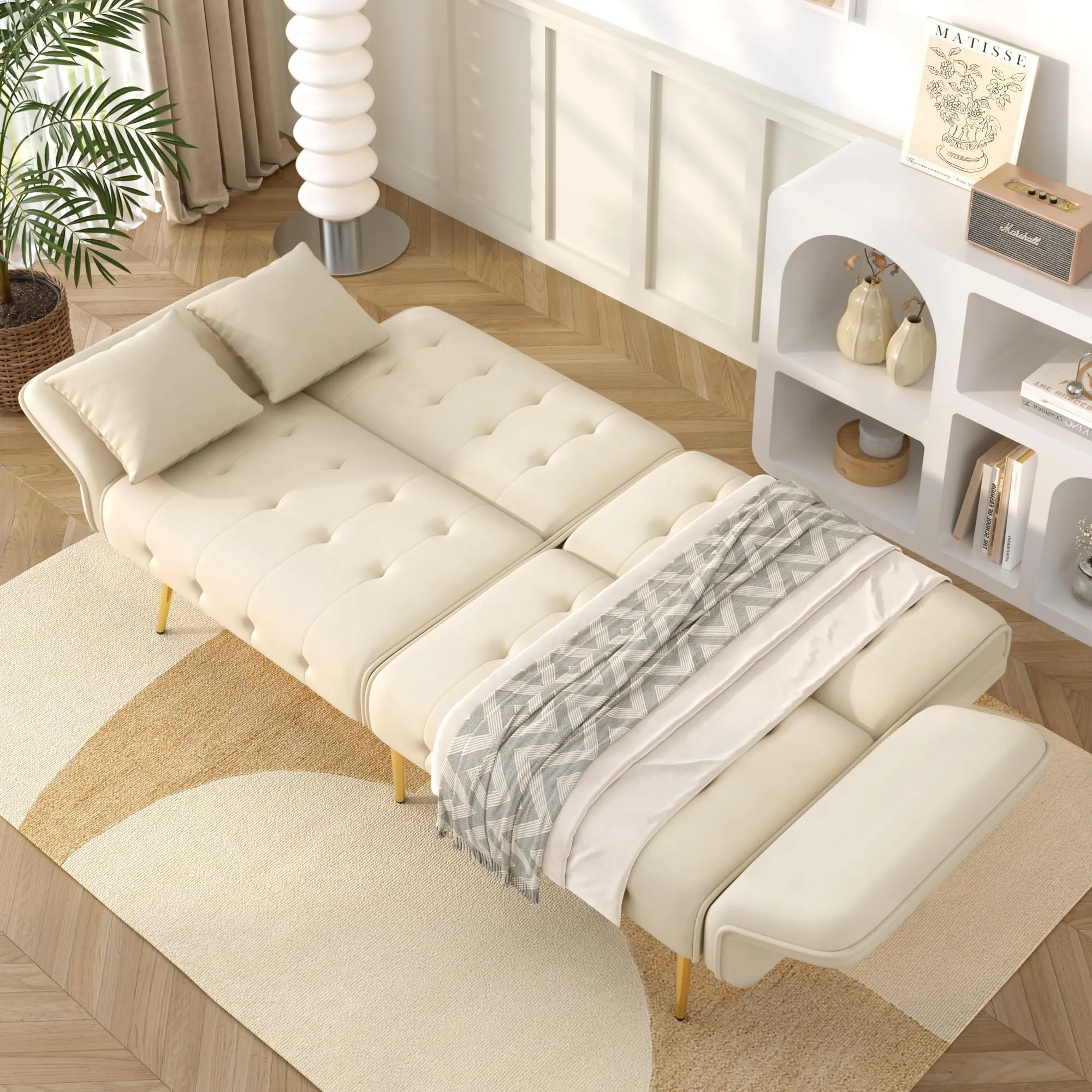 NADEUSAK Divano Letto 2 Posti in Velluto con Schienale Regolabile, Beige - immagine 3