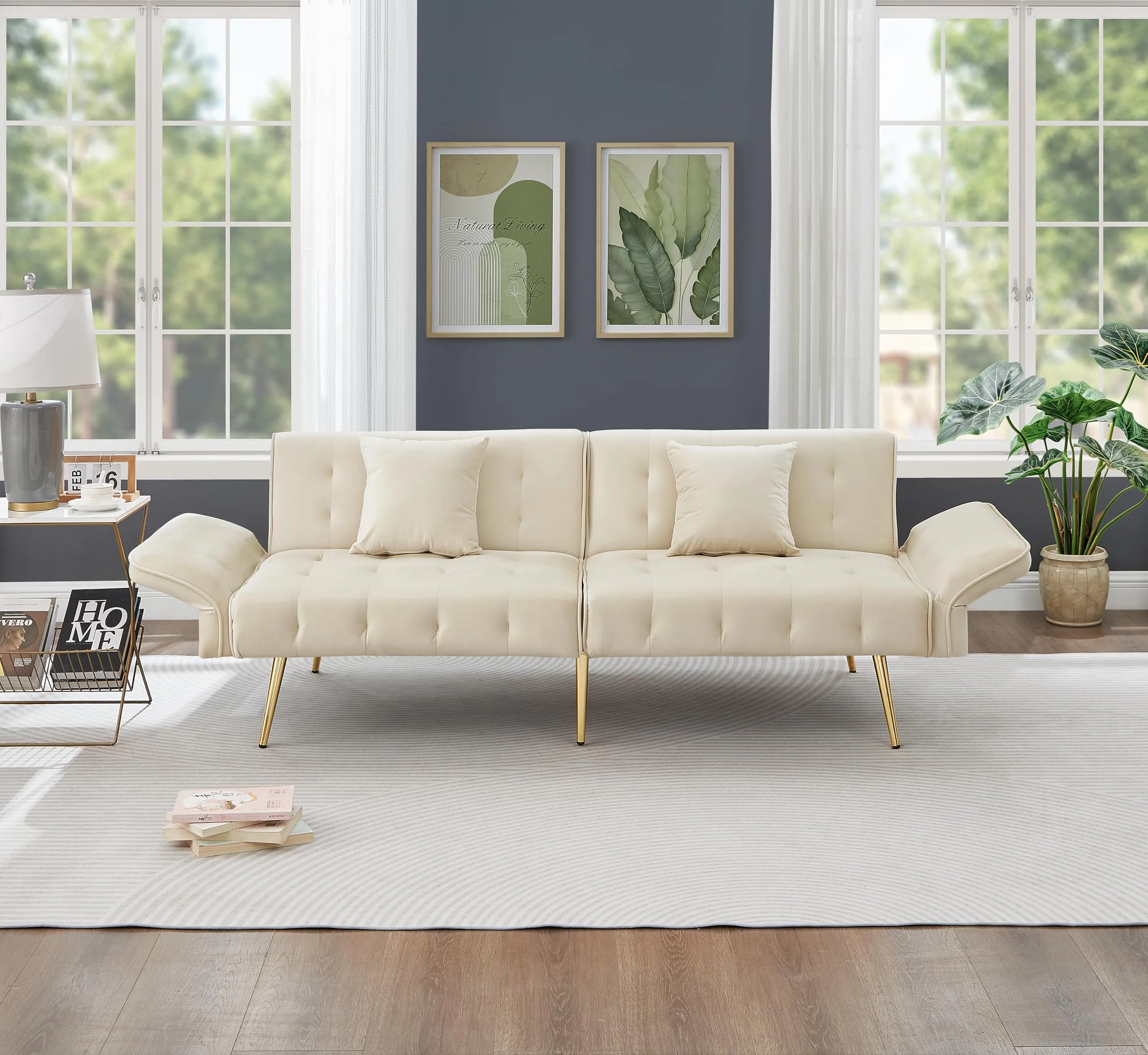 NADEUSAK Divano Letto 2 Posti in Velluto con Schienale Regolabile, Beige - immagine 4