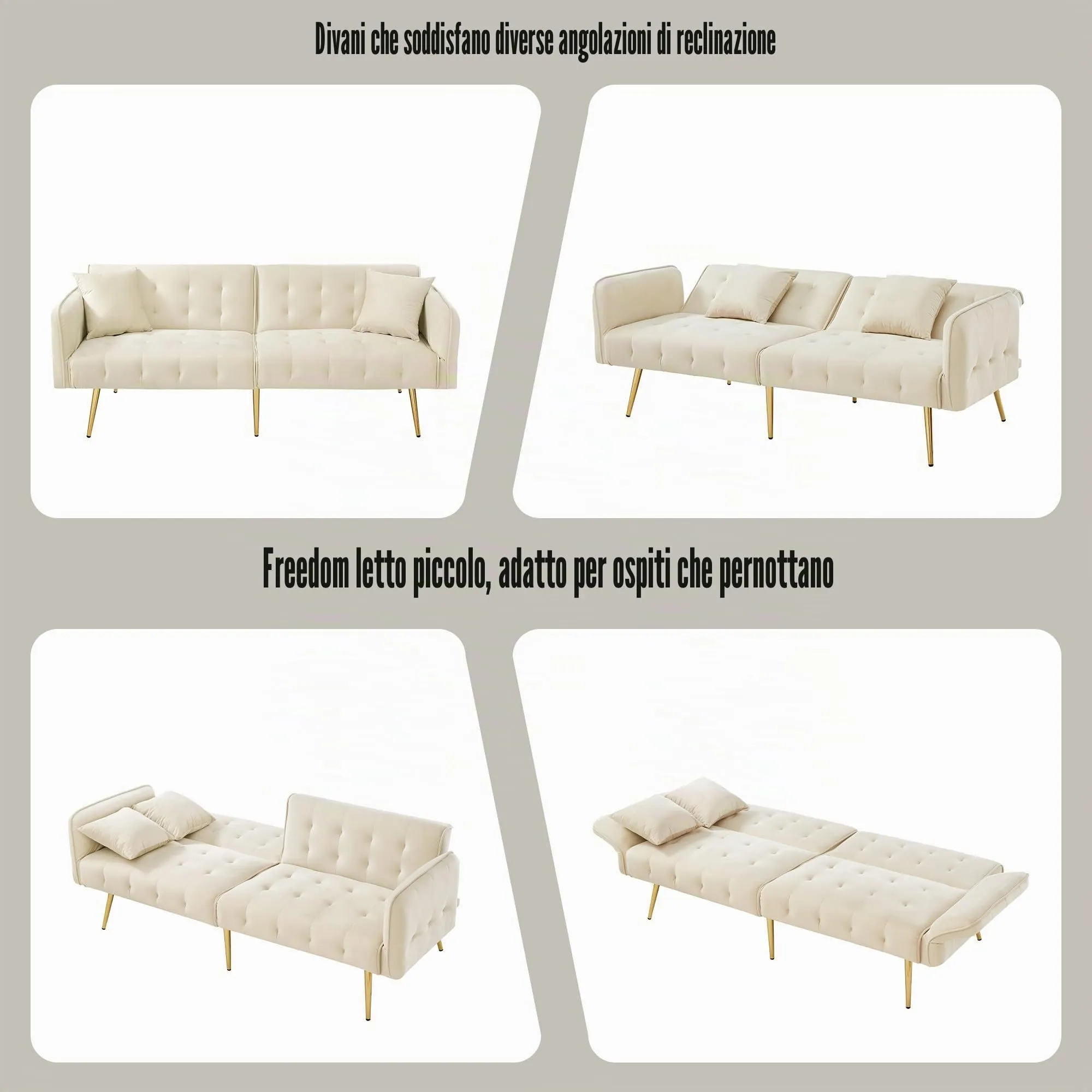 NADEUSAK Divano Letto 2 Posti in Velluto con Schienale Regolabile, Beige - immagine 5