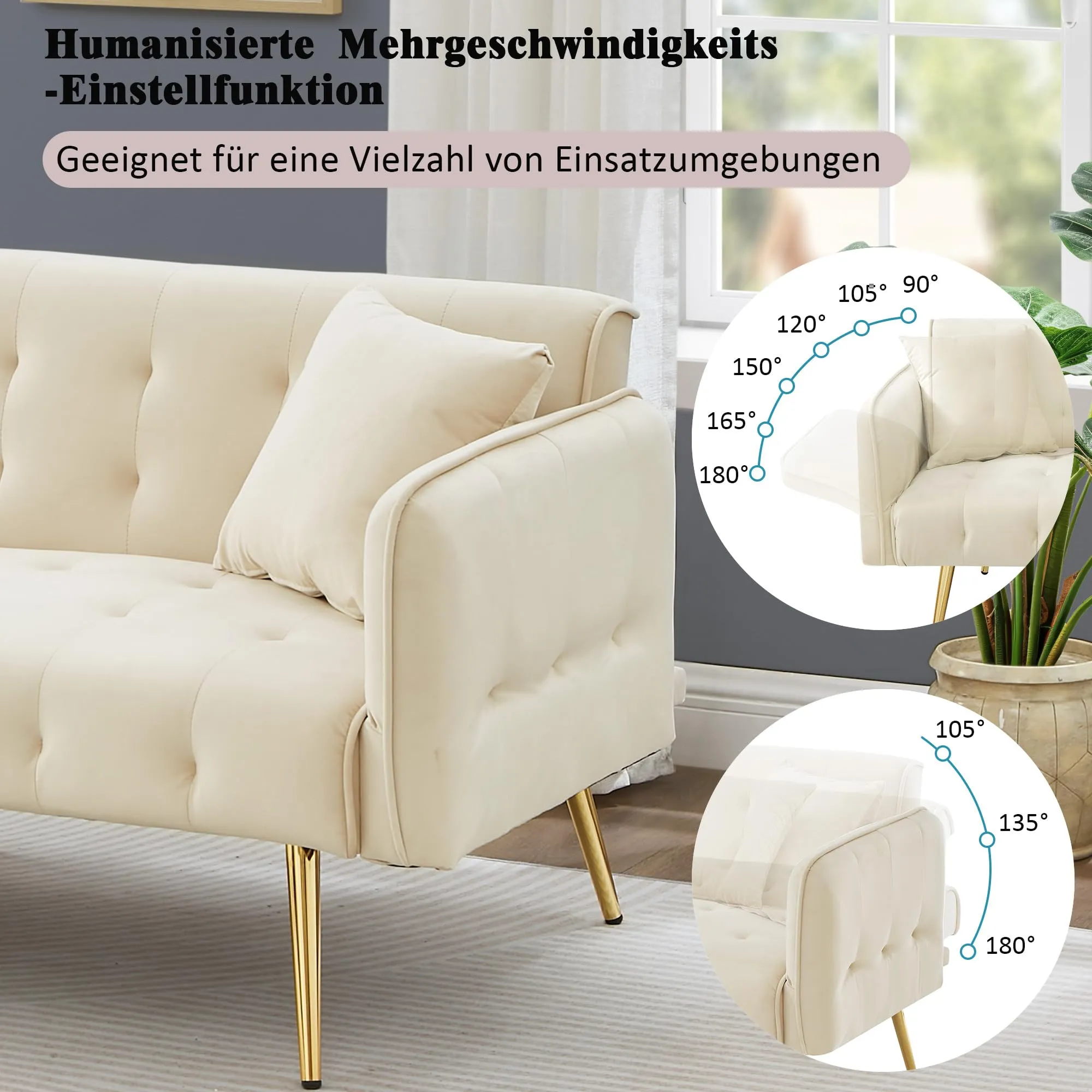 NADEUSAK Divano Letto 2 Posti in Velluto con Schienale Regolabile, Beige - immagine 7