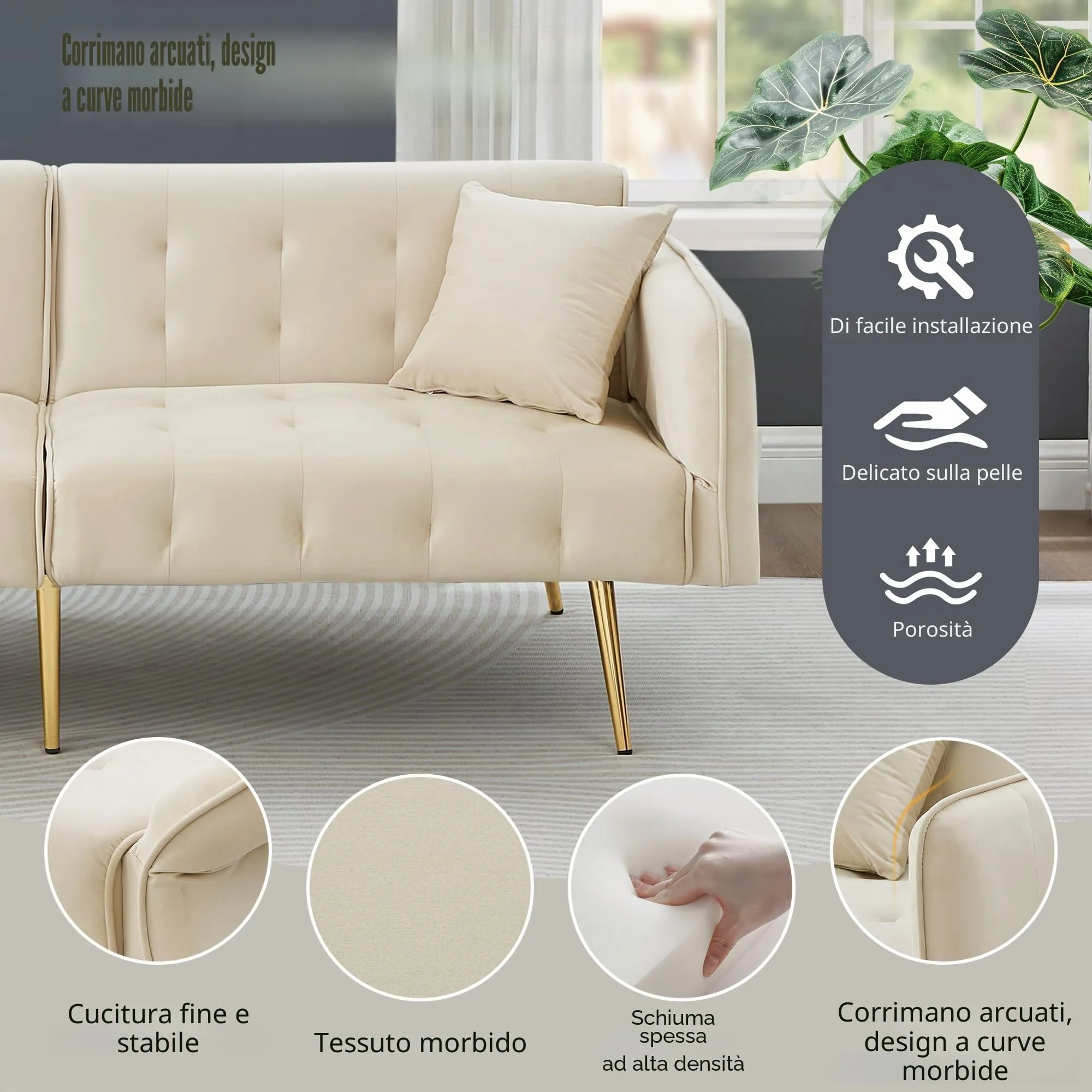 NADEUSAK Divano Letto 2 Posti in Velluto con Schienale Regolabile, Beige - immagine 8