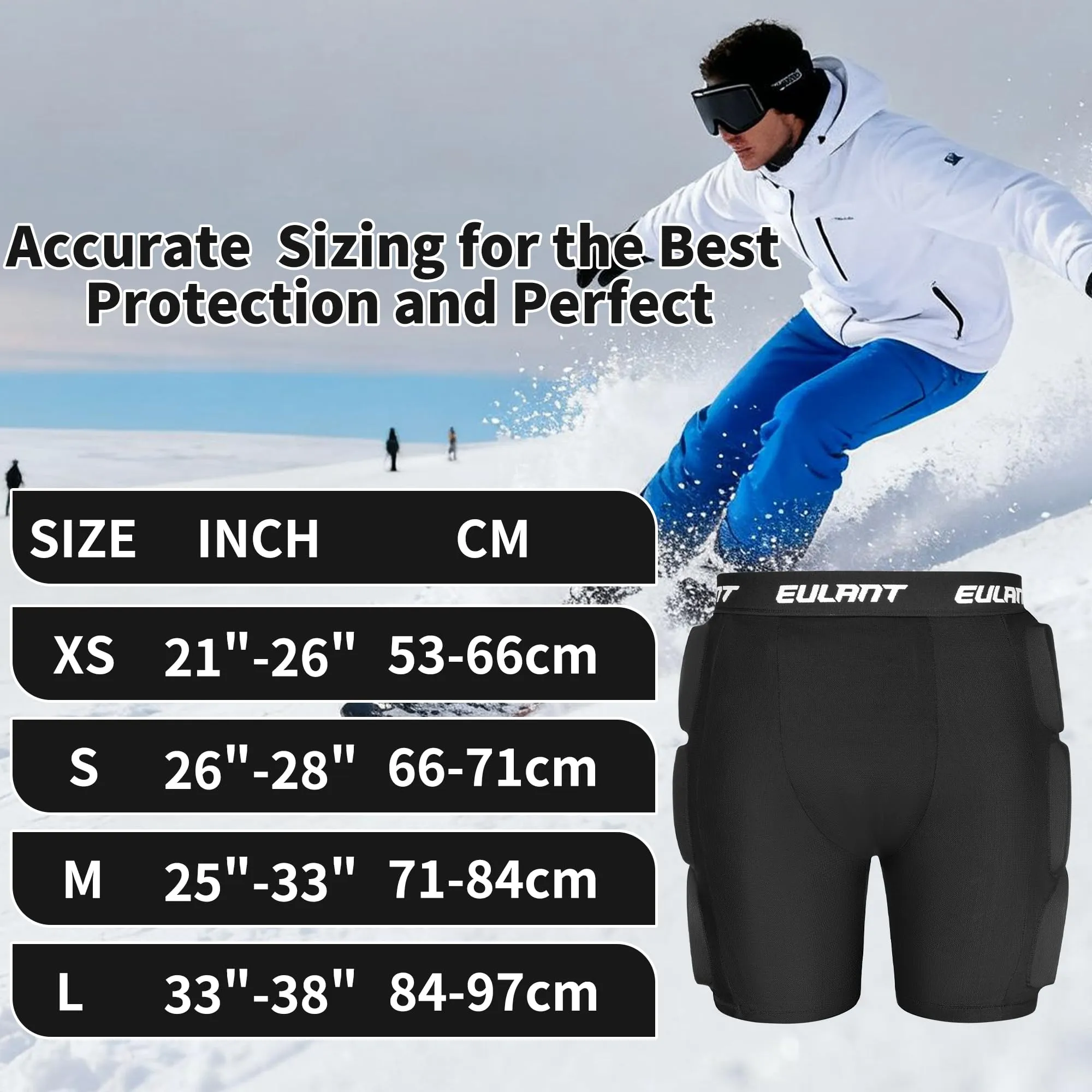 EULANT Pantaloncini Protettivi Imbottiti per Snowboard, Sci, Pattinaggio e Biker, Protezioni 3D per Anca, Fondoschiena e Coccige, S - immagine 3