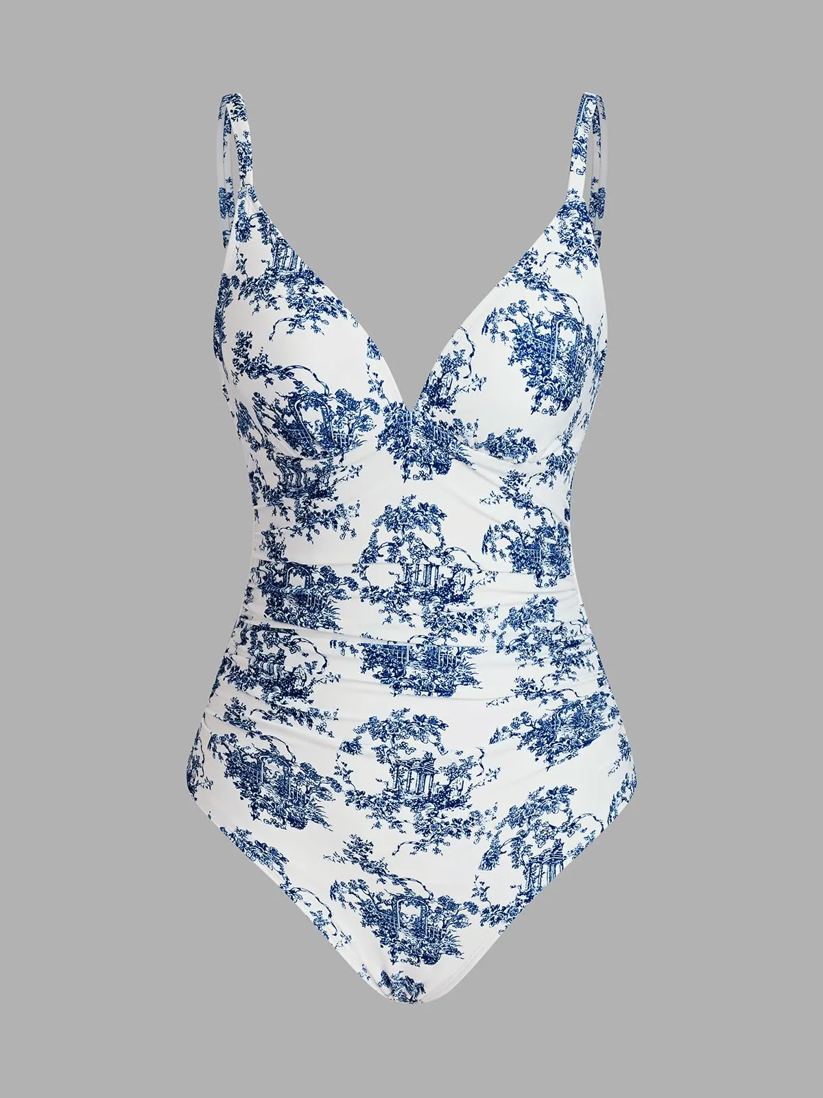 CUPSHE Costume da bagno intero da donna con scollo a V, Bianco/Blu Cobalto Floreale, XL - immagine 5