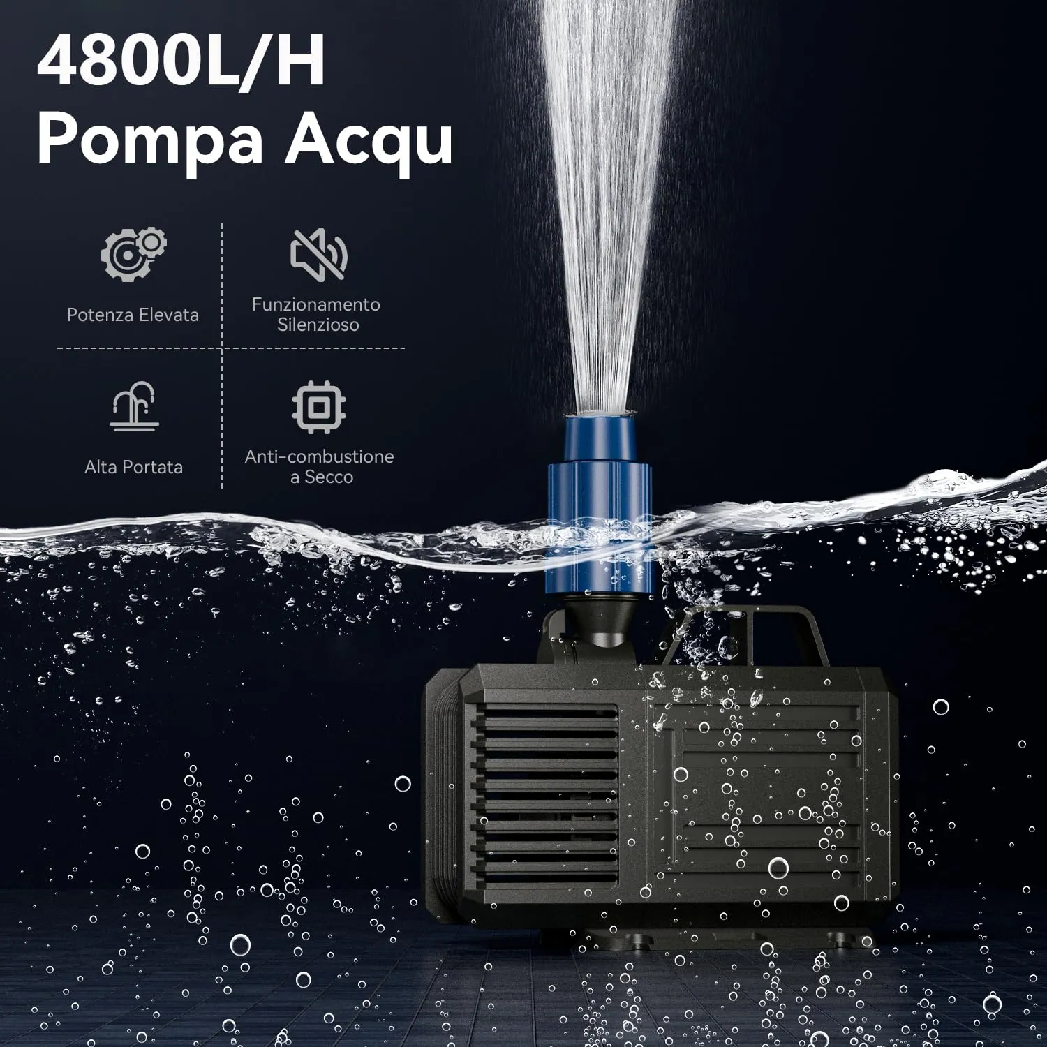 Lnicez Pompa ad Immersione Anfibio 4800L/H 85W per Acquario e Laghetto con 2 Ugelli, Altezza Massima 3.8m - immagine 2