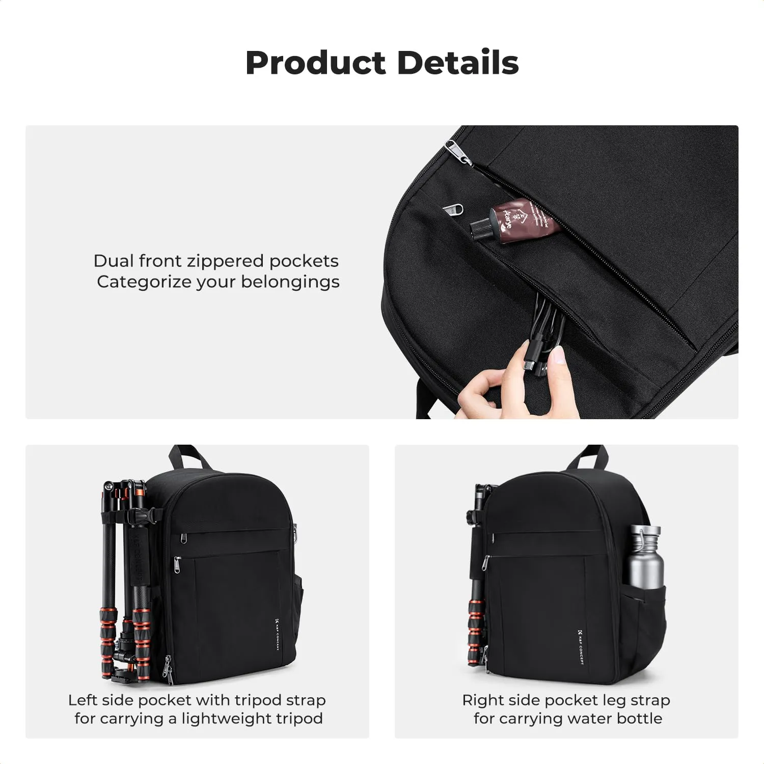 K&F CONCEPT Zaino Fotografico Compatto 13L con Parapioggia, Nero - immagine 5