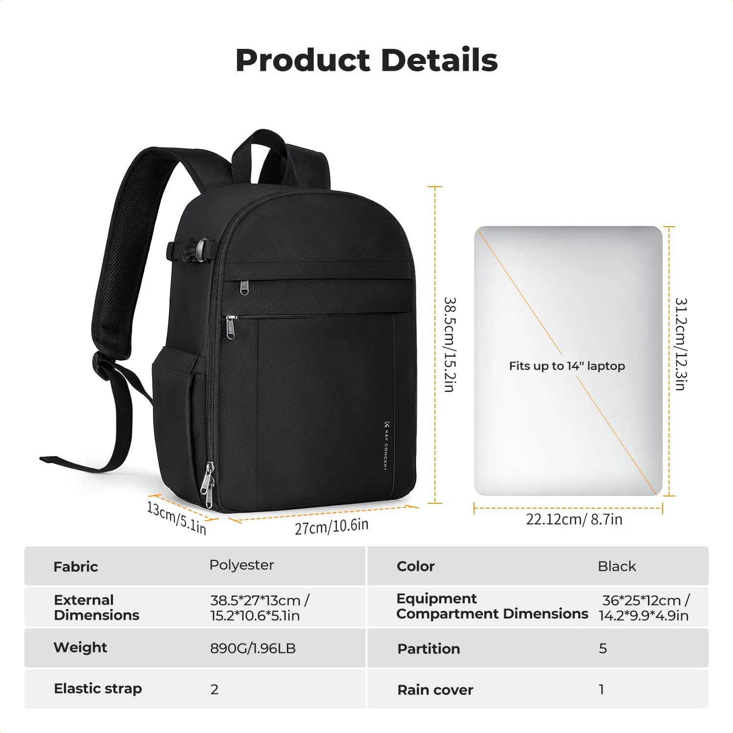 K&F CONCEPT Zaino Fotografico Compatto 13L con Parapioggia, Nero - immagine 8