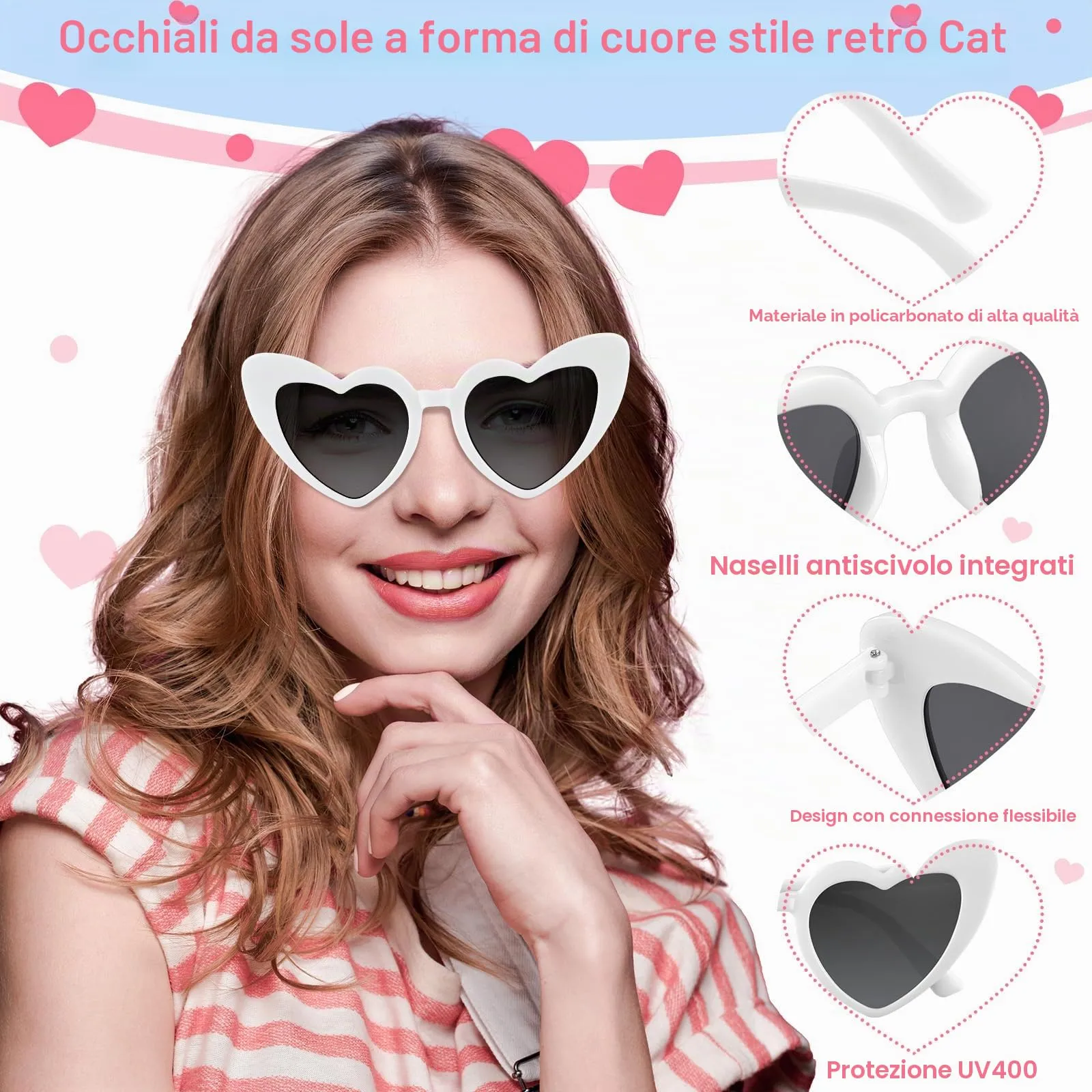 BOUBONI Occhiali da sole a forma di cuore vintage per donne, bianco nero, 15.3cm - immagine 3