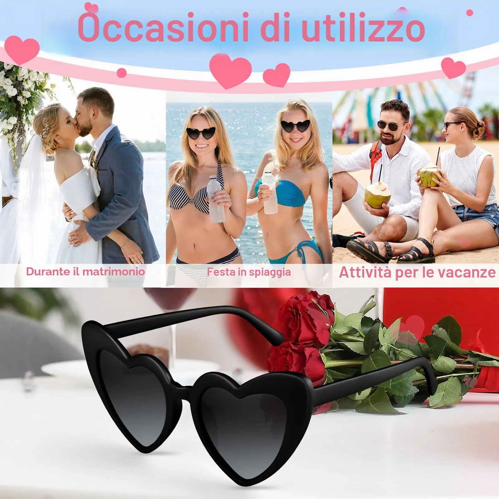 BOUBONI Occhiali da sole a forma di cuore vintage per donne, bianco nero, 15.3cm - immagine 4