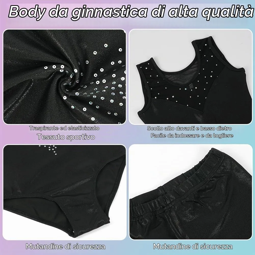 AOOWU Set Ginnastica 3 Pezzi Leotard Y-Neck e Pantaloncini Gradient Colour Sparkle - immagine 3