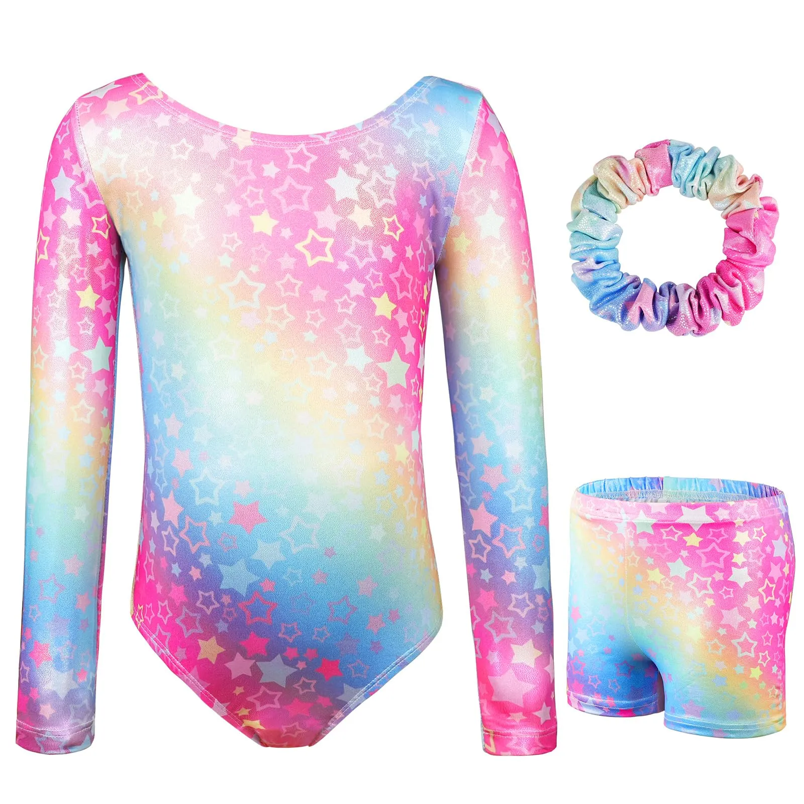 AOOWU Tuta da Ginnastica da Bambina 3 Pezzi Gradient Stars, Maniche Lunghe, 140cm - immagine 1