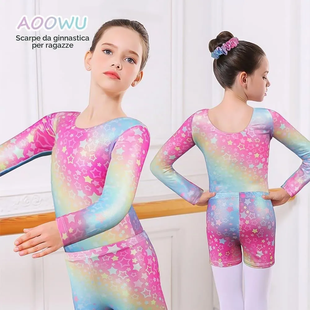 AOOWU Tuta da Ginnastica da Bambina 3 Pezzi Gradient Stars, Maniche Lunghe, 140cm - immagine 5