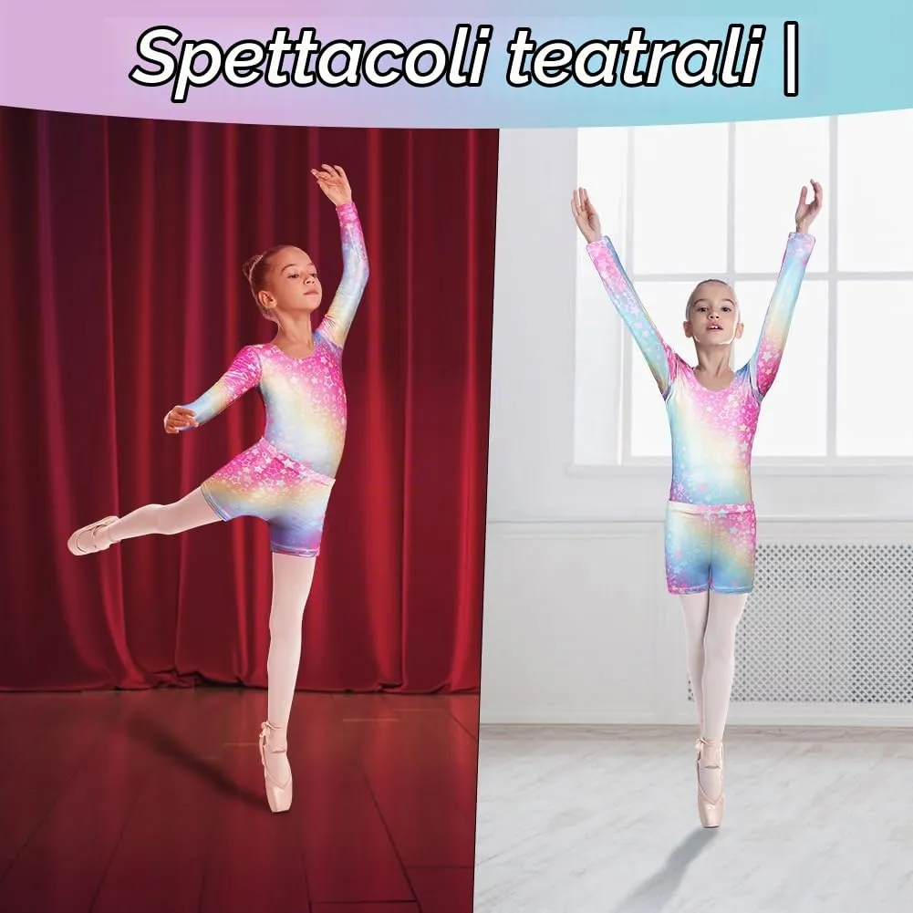 AOOWU Tuta da Ginnastica da Bambina 3 Pezzi Gradient Stars, Maniche Lunghe, 140cm - immagine 7