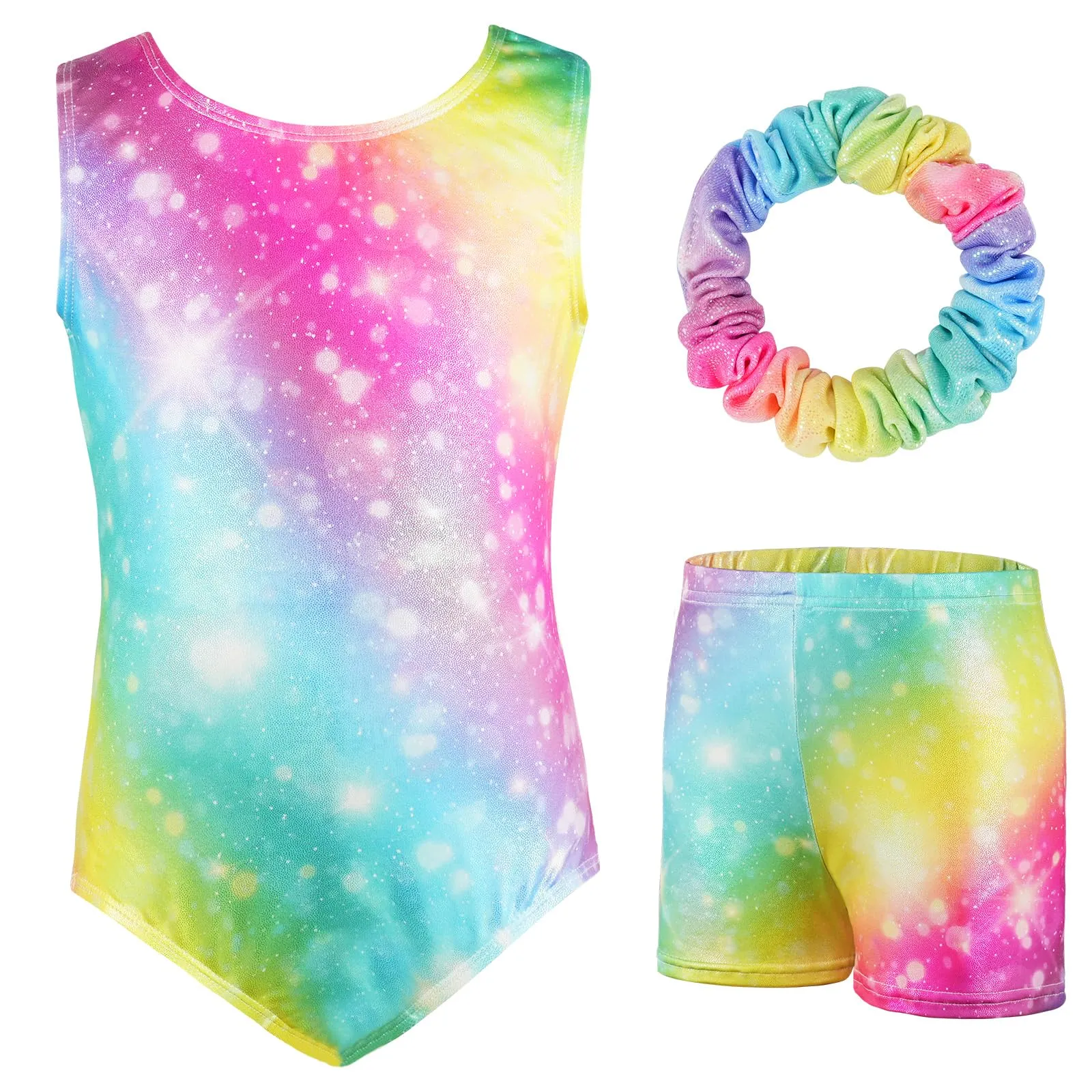 AOOWU Set Ginnastica 3 Pezzi, Leotard Y-Neck, Pantaloncini e Fascia, Colore Gradiente Sparkle, Senza Maniche, 130 - immagine 1