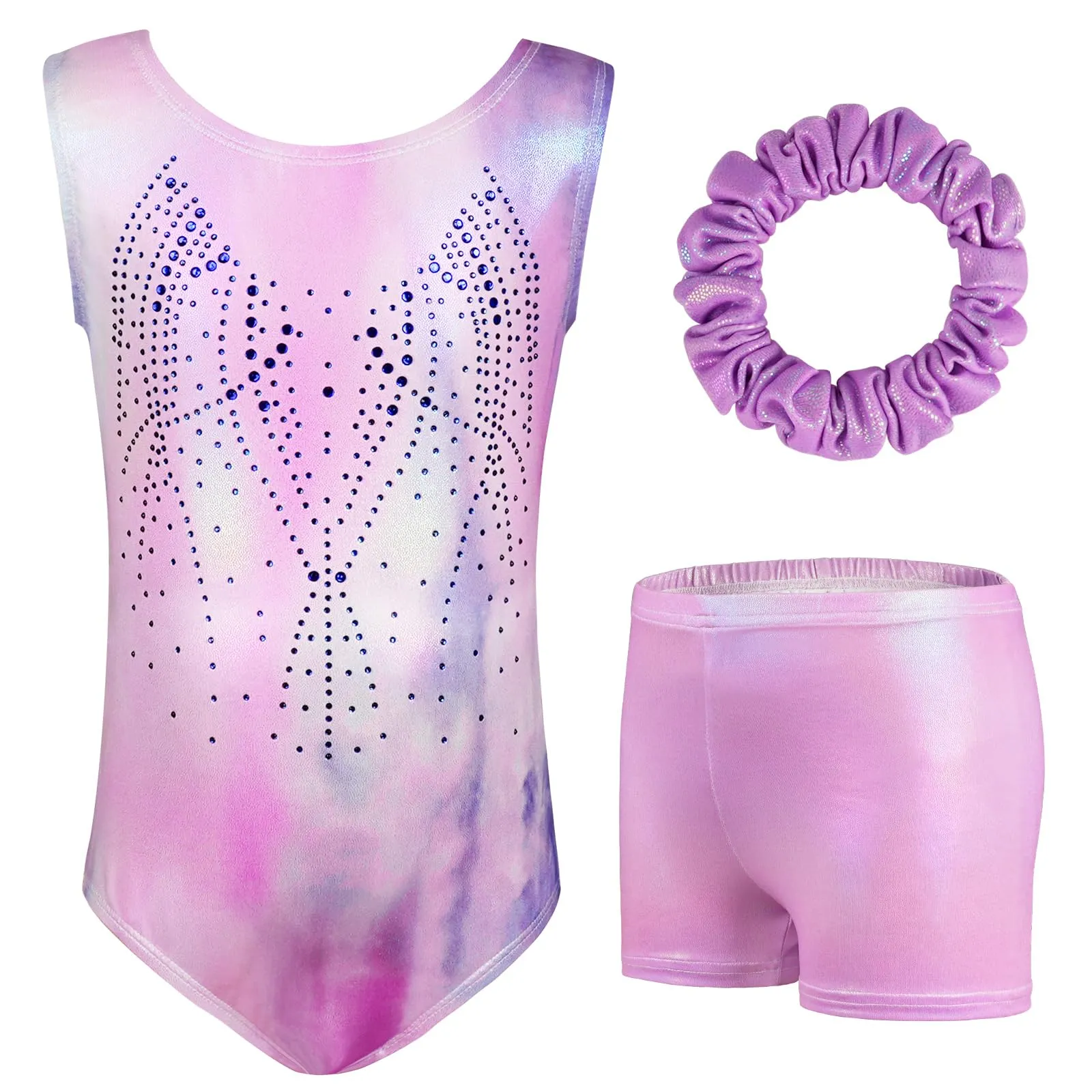 AOOWU Set da Ginnastica e Danza per Bambina 3 Pezzi con Pantaloncini e Fascia, Viola, 140cm - immagine 1