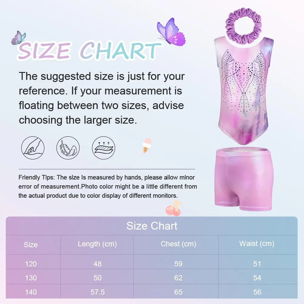 AOOWU Set da Ginnastica e Danza per Bambina 3 Pezzi con Pantaloncini e Fascia, Viola, 140cm - immagine 2