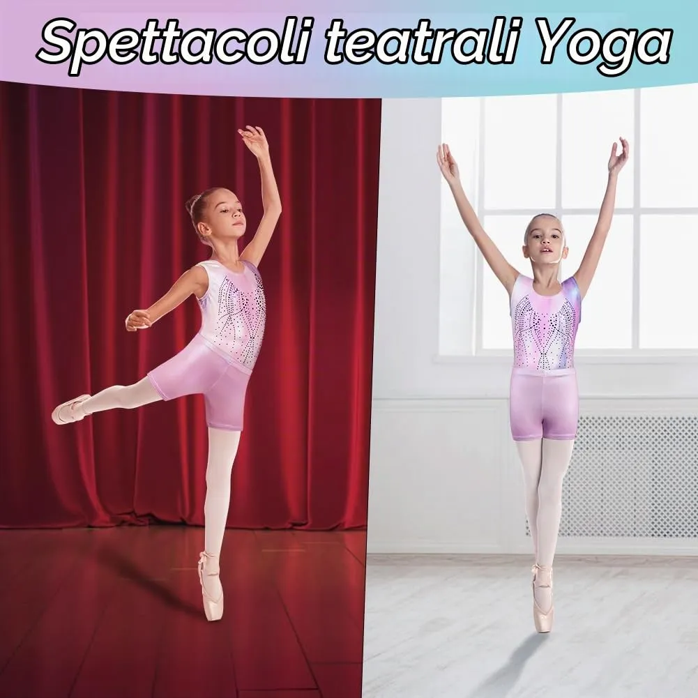 AOOWU Set da Ginnastica e Danza per Bambina 3 Pezzi con Pantaloncini e Fascia, Viola, 140cm - immagine 6