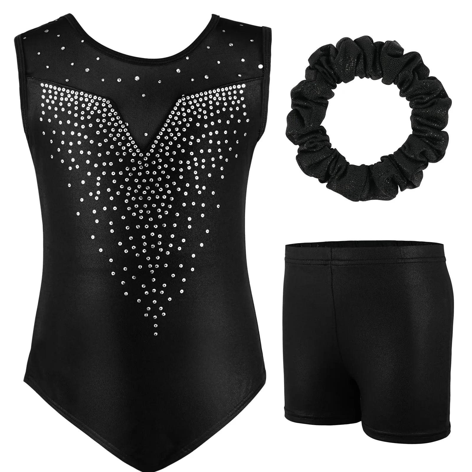 AOOWU Set Ginnastica 3 Pezzi Leotard Y-Neck e Pantaloncini Danza Gradient Colour Sparkle - immagine 1
