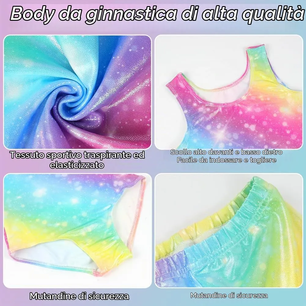 AOOWU Set Ginnastica 3 Pezzi, Leotard Y-Neck, Pantaloncini e Fascia per Capelli, Gradient Colour Sparkle, Senza Maniche, 120 - immagine 3