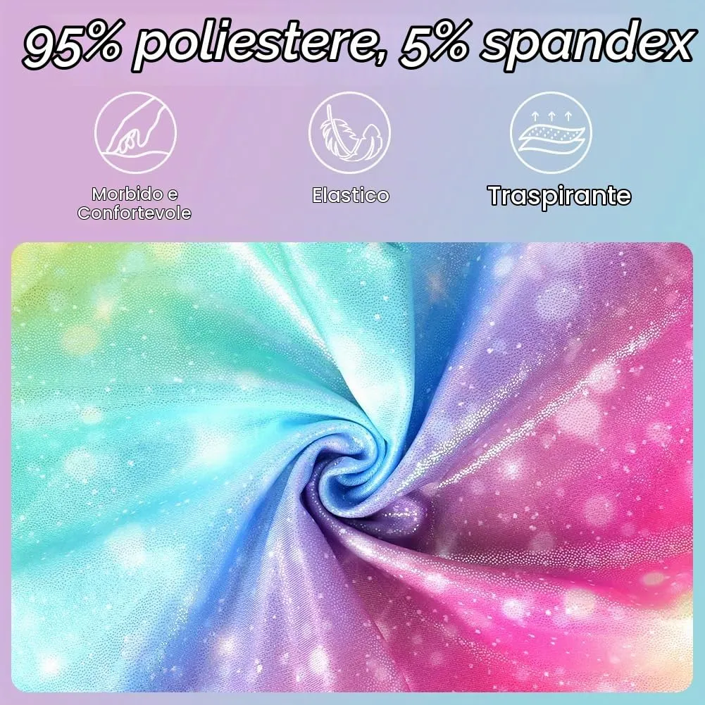 AOOWU Set Ginnastica 3 Pezzi, Leotard Y-Neck, Pantaloncini e Fascia per Capelli, Gradient Colour Sparkle, Senza Maniche, 120 - immagine 4