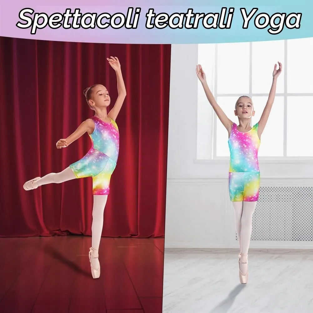 AOOWU Set Ginnastica 3 Pezzi, Leotard Y-Neck, Pantaloncini e Fascia per Capelli, Gradient Colour Sparkle, Senza Maniche, 120 - immagine 6