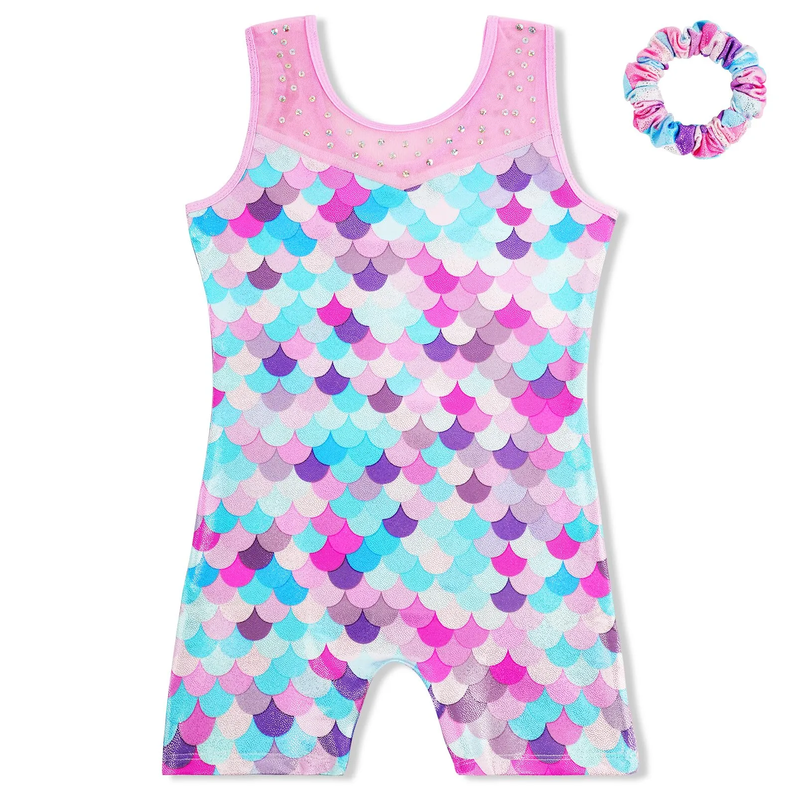 AOOWU Body da Danza per Bambina 2 Pezzi con Fascia per Capelli, Motivo Sirena, Rosa, 6-7 anni - immagine 1