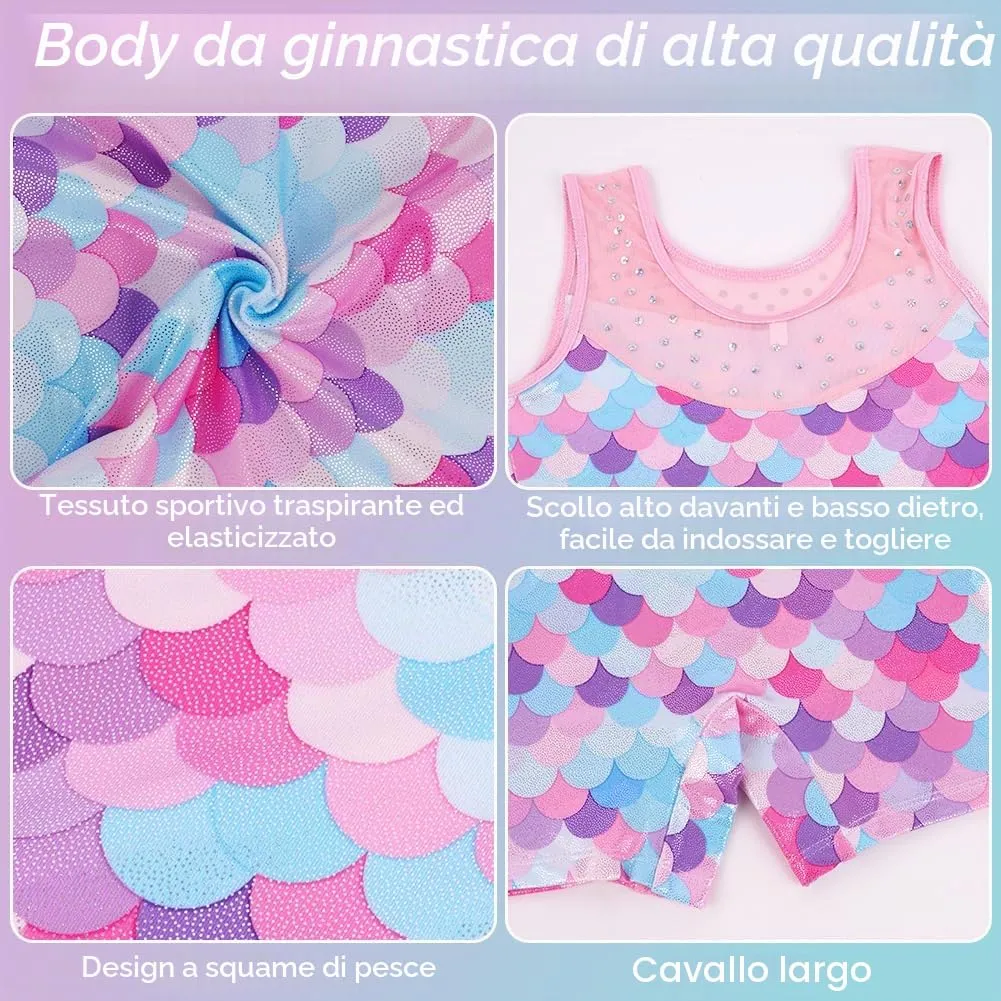 AOOWU Set Da Ginnastica 2 Pezzi per Ragazze, Leotard con Pantaloncini e Fascia, Gradient Colour Sparkle Body Danza con Scollo a Y, Senza Maniche - immagine 3