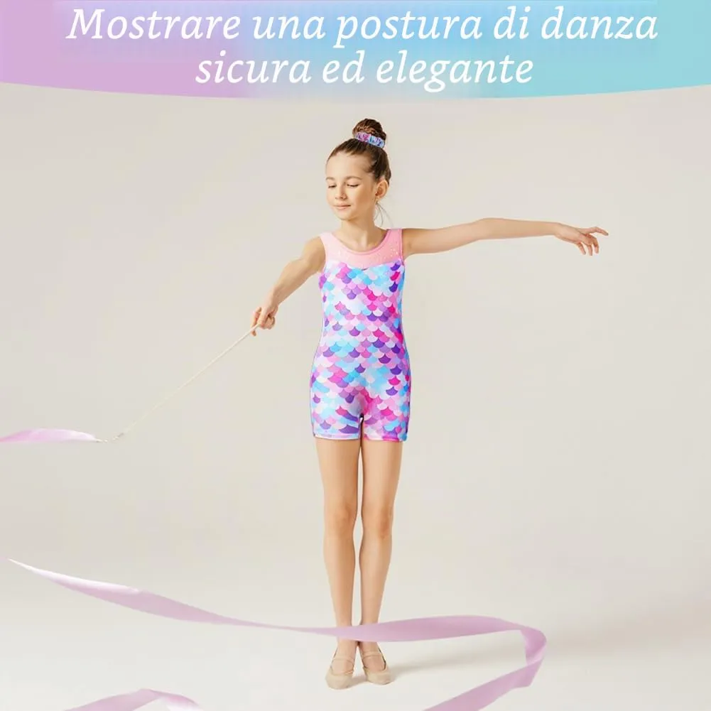 AOOWU Set Da Ginnastica 2 Pezzi per Ragazze, Leotard con Pantaloncini e Fascia, Gradient Colour Sparkle Body Danza con Scollo a Y, Senza Maniche - immagine 5