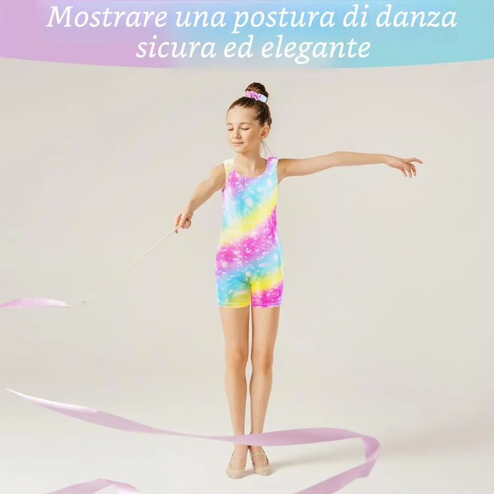 AOOWU Set da Ginnastica 2 Pezzi per Ragazze, Body Gradient Colour Sparkle con Pantaloncini e Fascia, Scollo a Y, Senza Maniche - immagine 5