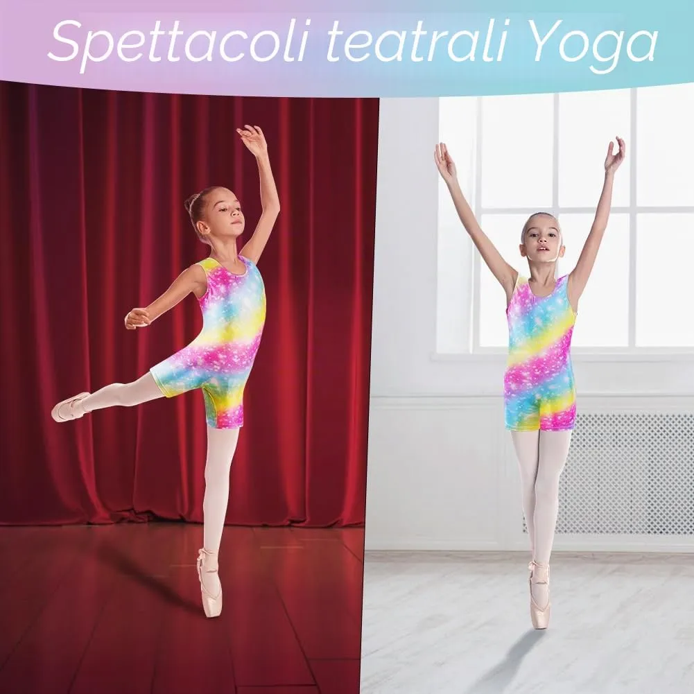 AOOWU Set da Ginnastica 2 Pezzi per Ragazze, Body Gradient Colour Sparkle con Pantaloncini e Fascia, Scollo a Y, Senza Maniche - immagine 6