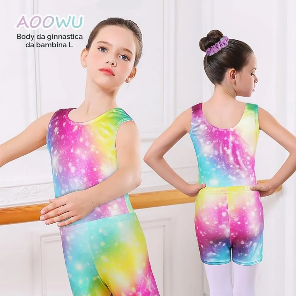 AOOWU Body da Ginnastica per Bambine, Maniche Lunghe con Pantaloncini e Fascia, Colore Sfumato Stelle Arcobaleno, 9-10 Anni - immagine 5