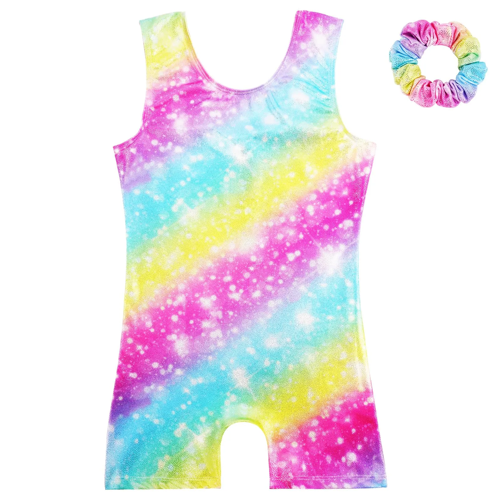 AOOWU Set da Ginnastica 2 Pezzi per Ragazze, Body con Pantaloncini e Fascia, Colore Gradient Sparkle, Scollo a Y, Senza Maniche - immagine 1