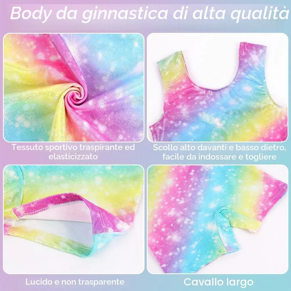 AOOWU Set da Ginnastica 2 Pezzi per Ragazze, Body con Pantaloncini e Fascia, Colore Gradient Sparkle, Scollo a Y, Senza Maniche - immagine 3