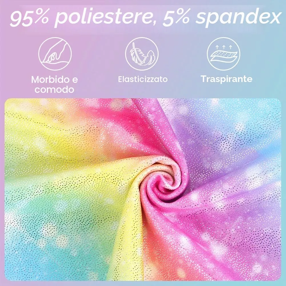 AOOWU Set da Ginnastica 2 Pezzi per Ragazze, Body con Pantaloncini e Fascia, Colore Gradient Sparkle, Scollo a Y, Senza Maniche - immagine 4