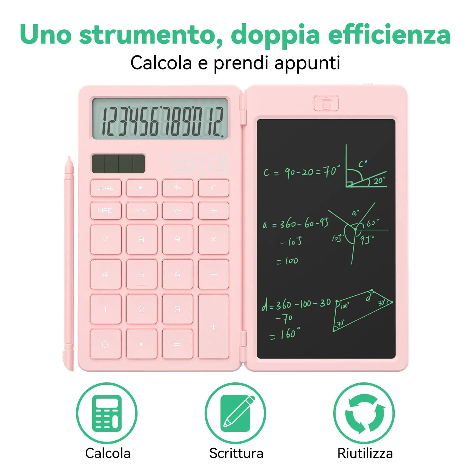 NEWYES Calcolatrice 2 in 1 con Blocco Note LCD da 6,5 pollici, Rosa - immagine 3