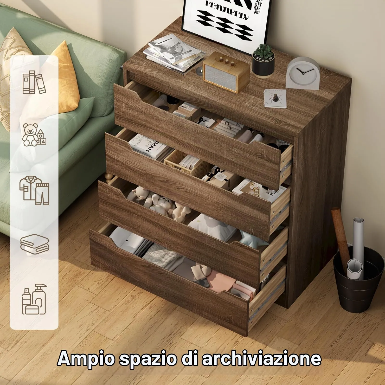 Bealife Cassettiera 4 Cassetti, Mobile Contenitore per Camera da Letto e Soggiorno, 82x41x71 cm, Marrone Chiaro - immagine 5