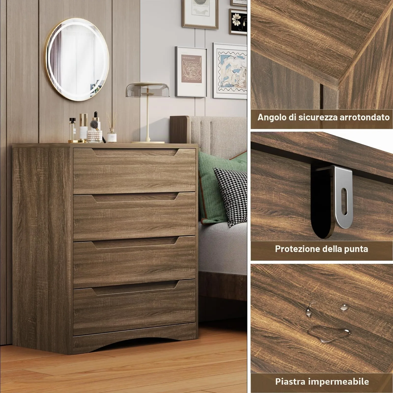 Bealife Cassettiera 4 Cassetti, Mobile Contenitore per Camera da Letto e Soggiorno, 82x41x71 cm, Marrone Chiaro - immagine 6