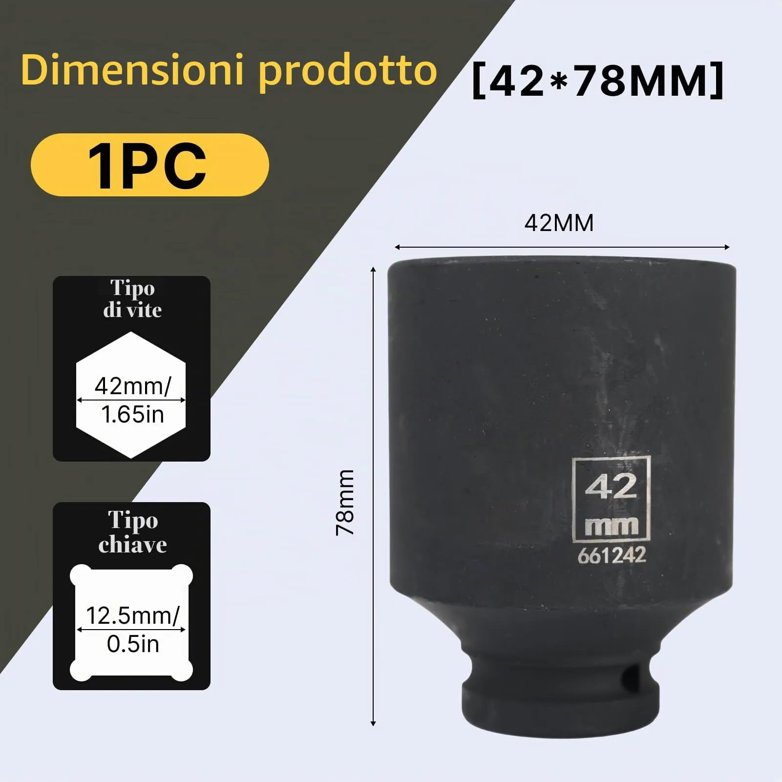 Flewdart Bussola Lunga Esagonale 1/2" 42mm, Acciaio al Cromo Molibdeno (CR-MO), Lunghezza 78mm - immagine 2