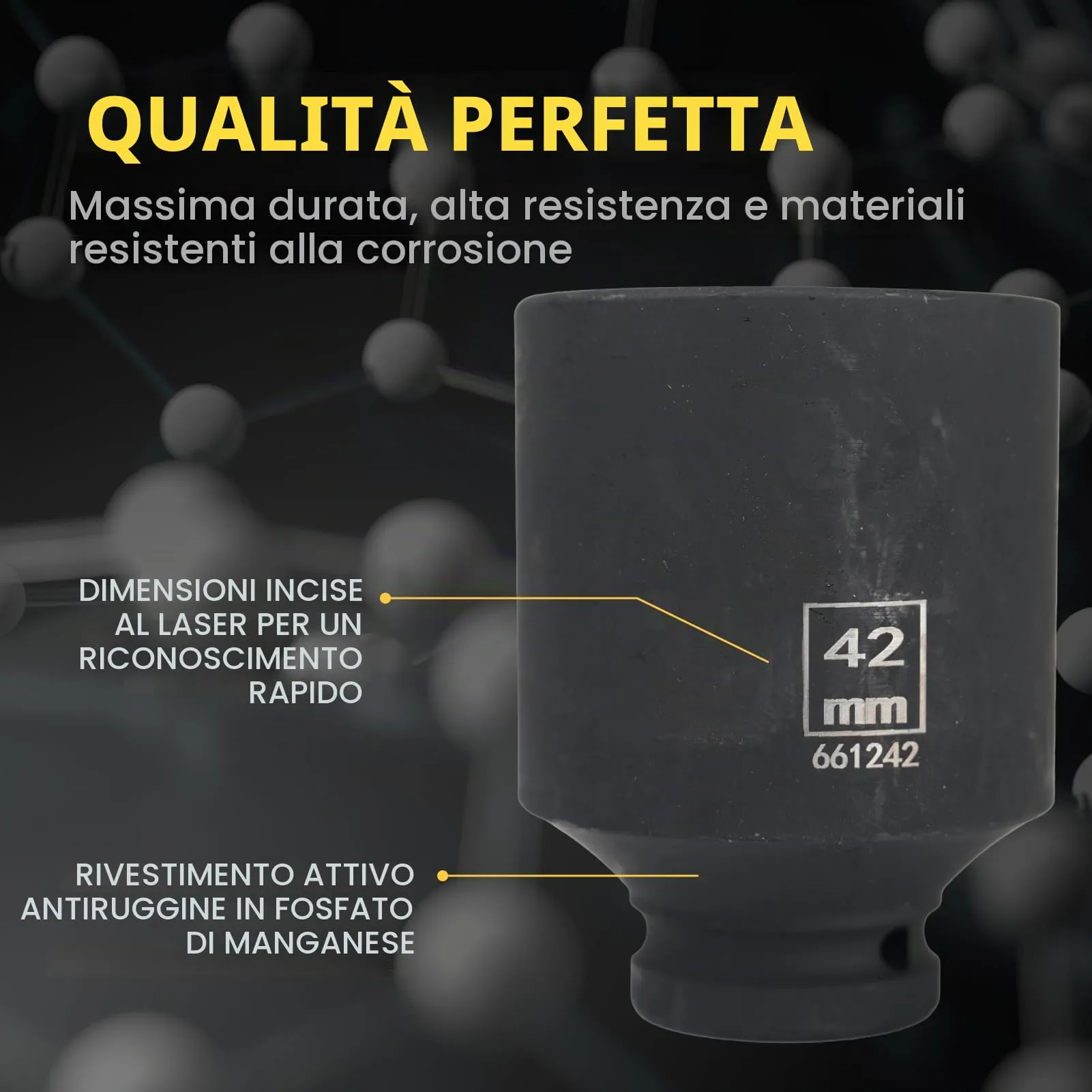 Flewdart Bussola Lunga Esagonale 1/2" 42mm, Acciaio al Cromo Molibdeno (CR-MO), Lunghezza 78mm - immagine 5