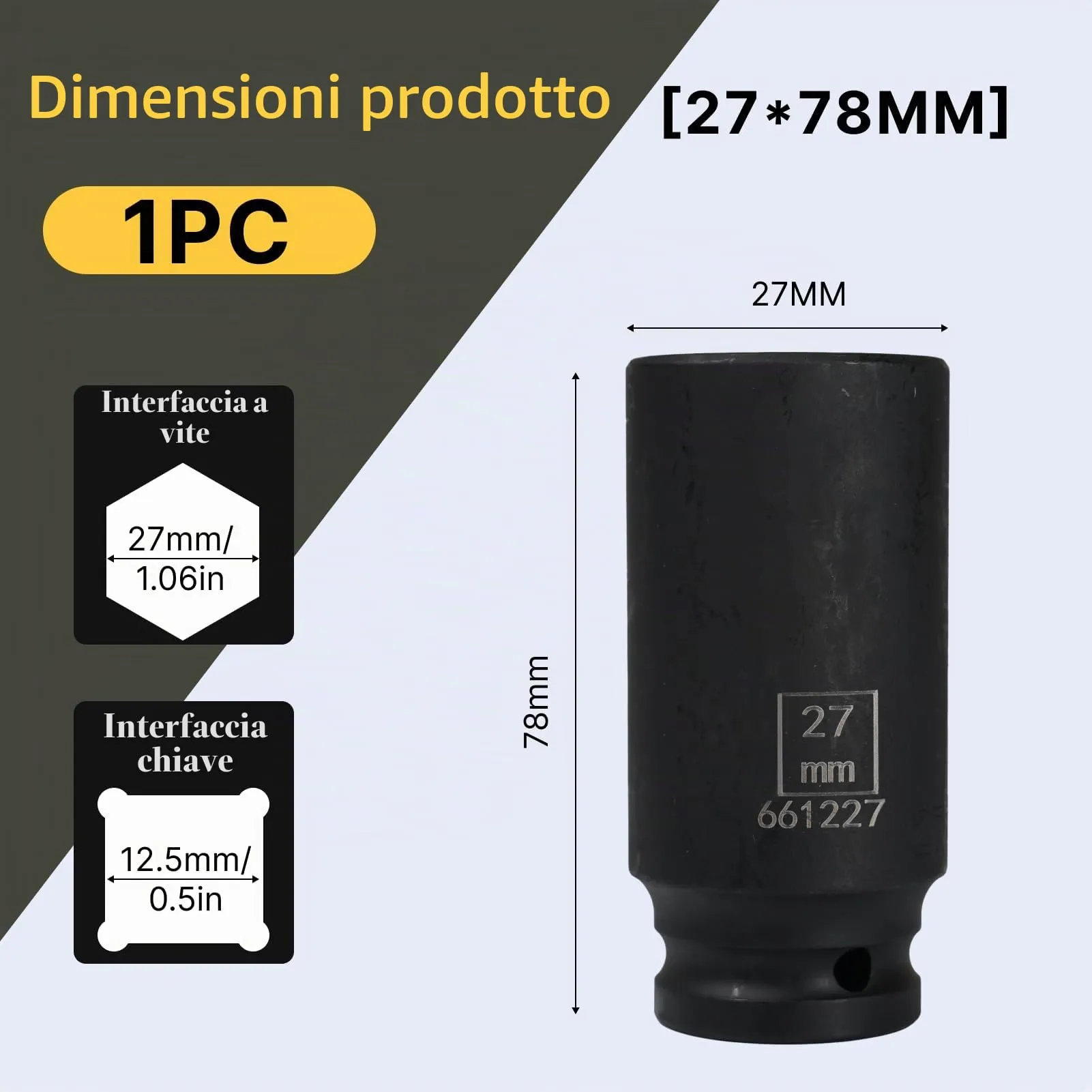 Flewdart Bussola Lunga Esagonale 1/2" 27mm, Acciaio al Cromo Molibdeno, Lunghezza 78mm - immagine 2