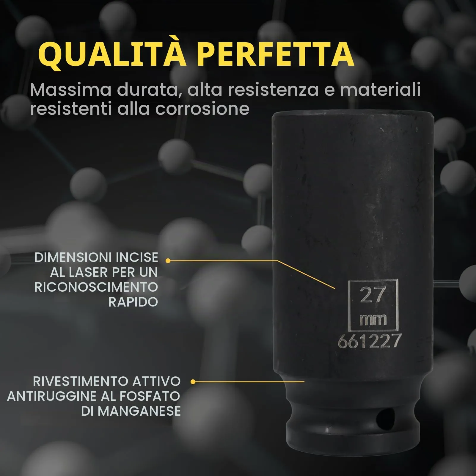 Flewdart Bussola Lunga Esagonale 1/2" 27mm, Acciaio al Cromo Molibdeno, Lunghezza 78mm - immagine 5