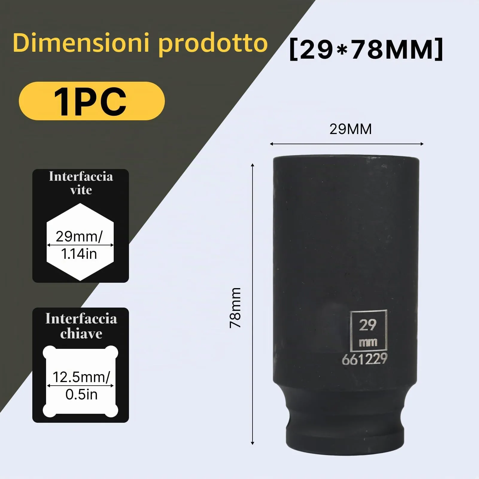 Flewdart Bussola Lunga Esagonale 1/2" 29mm, Acciaio al Cromo Molibdeno CR-MO, Lunghezza 78mm - immagine 2