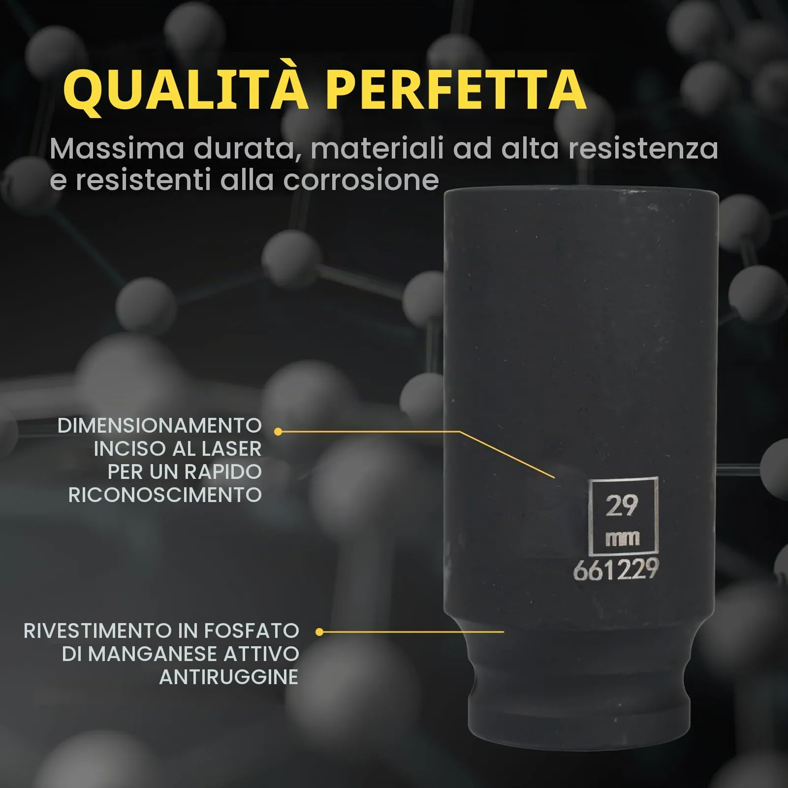 Flewdart Bussola Lunga Esagonale 1/2" 29mm, Acciaio al Cromo Molibdeno CR-MO, Lunghezza 78mm - immagine 5