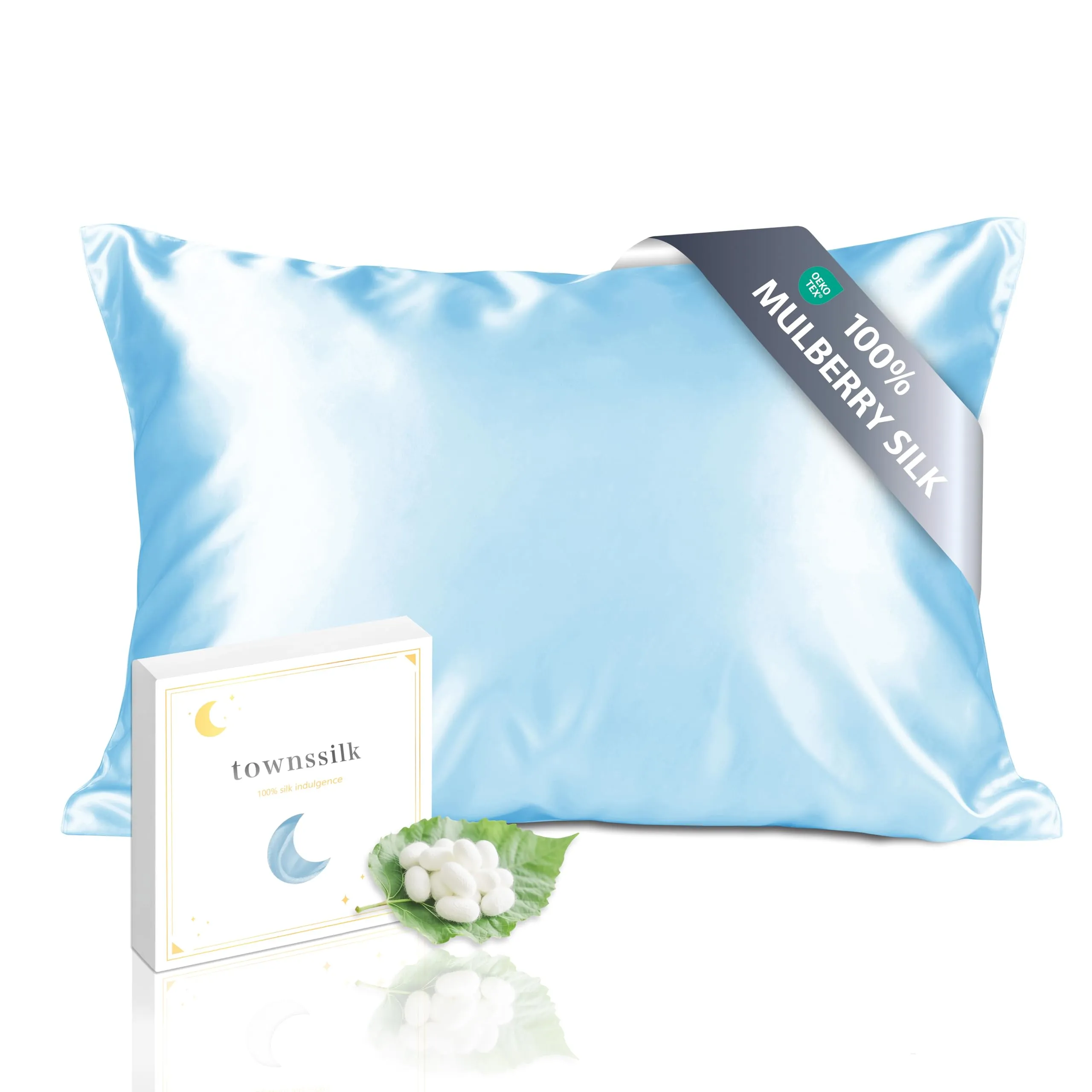 townssilk Federa per cuscino in seta 40 x 80 cm, 100% seta di gelso, 19 mm, Certificata Oeko-TEX, Classe 6A, con chiusura lampo, Blu Ghiaccio - immagine 1